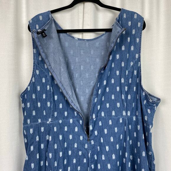 Torrid Denim Chambray Leaf Print Sleeveless Skater Dress Sz.26W - Picture 9 of 13